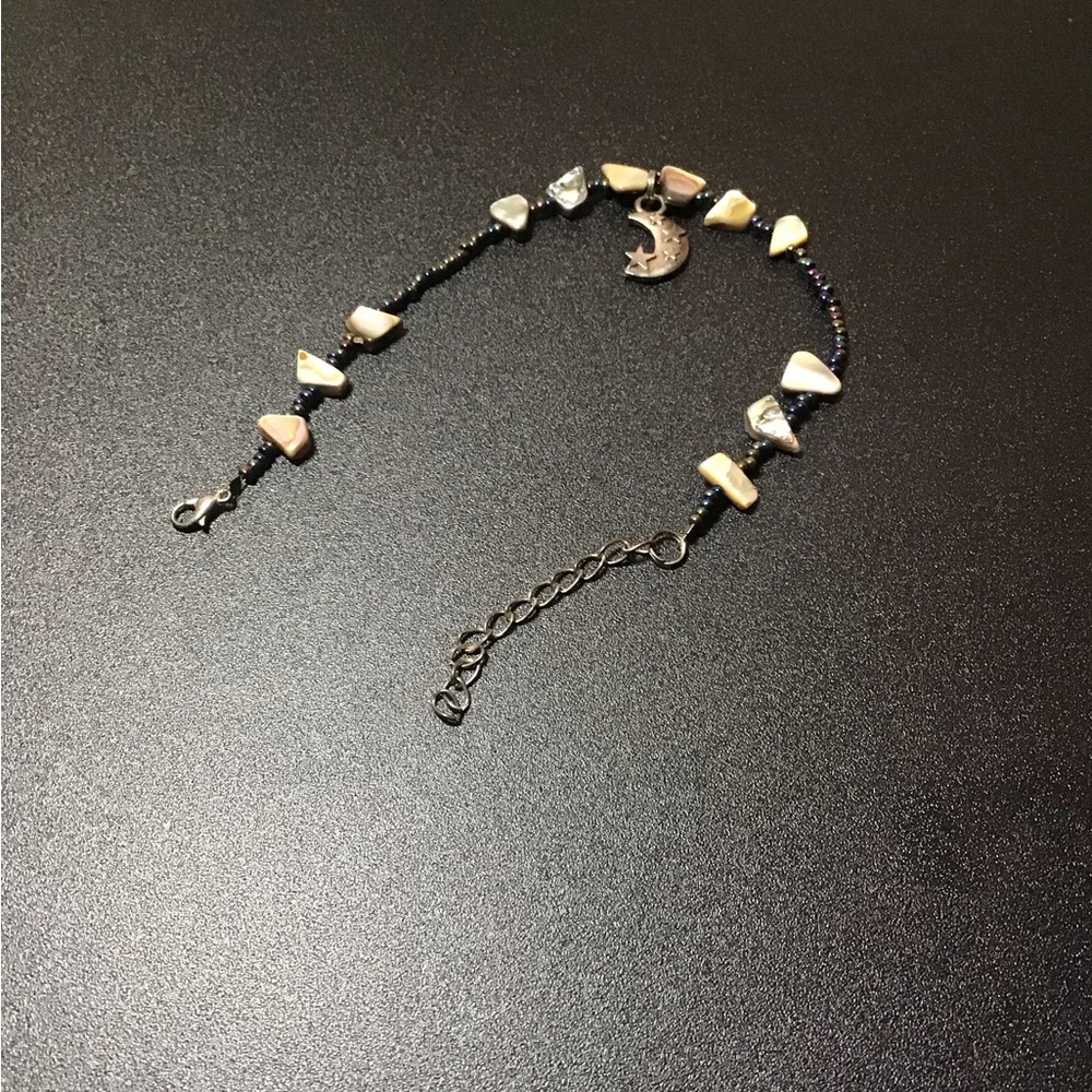 Vintage handmade Earth and bone anklet, Moon Charm, 8 inches